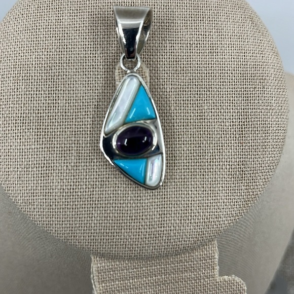 🌊 Jay King Mine Finds 925 Silver Turquoise, Amethyst & MOP Eye Pendant - Picture 7 of 10